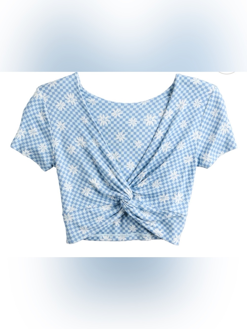 SO Light Blue Floral Check Knot-Front Crop Top, Size XS